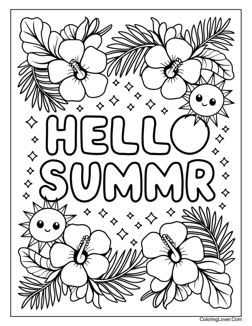 Hello summer tropical flowers and sun coloring page for kids