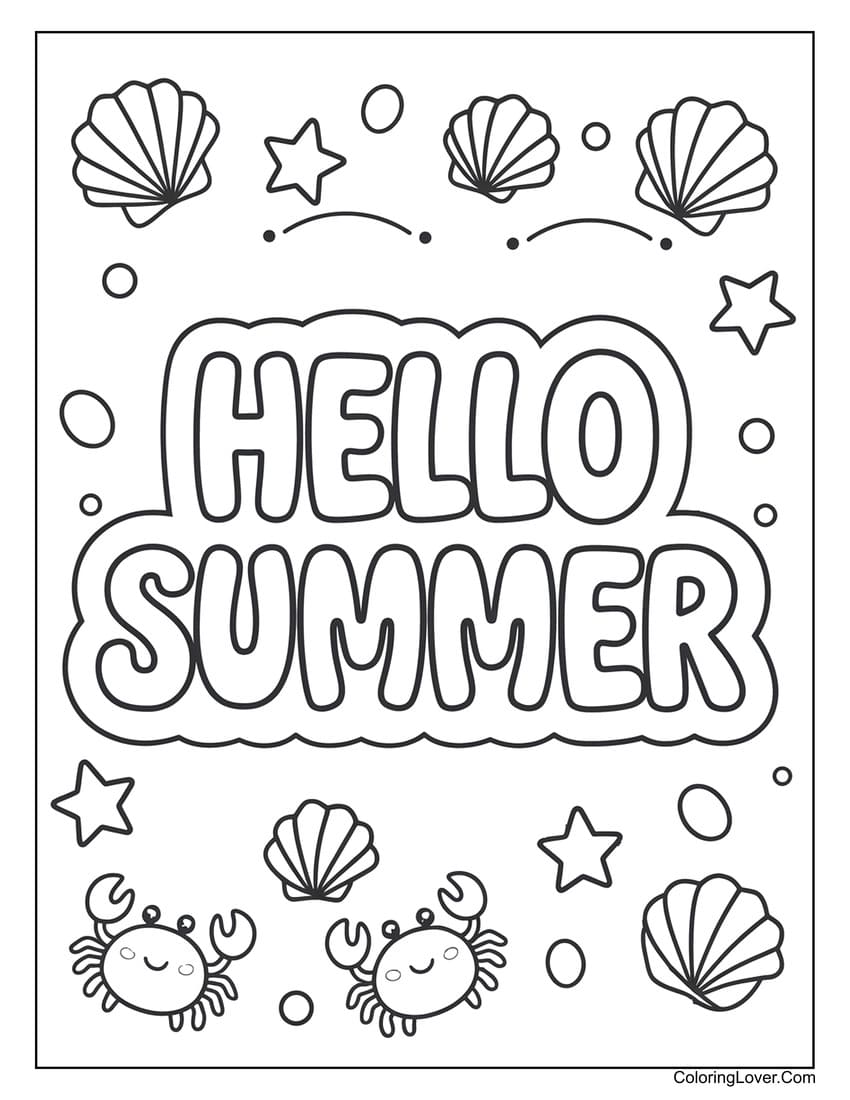 Hello summer with seashells and crabs coloring page for kids