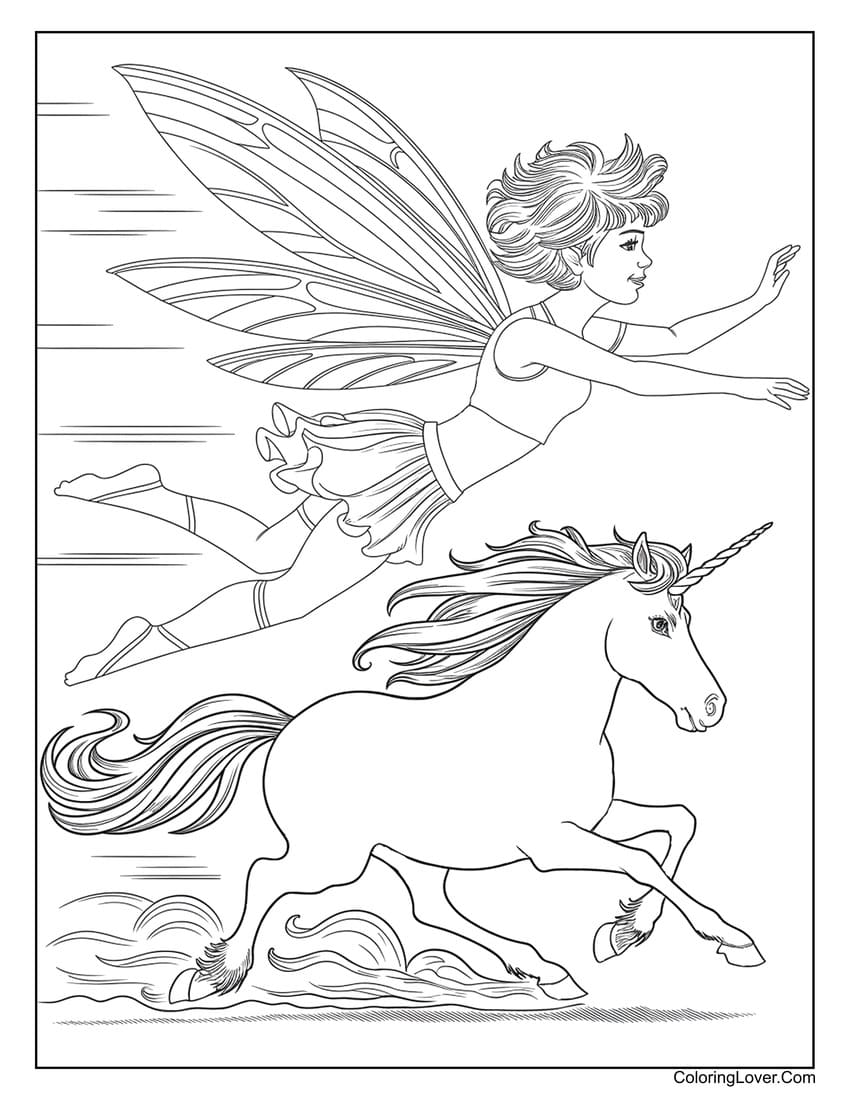 Magical fairy and running unicorn coloring page