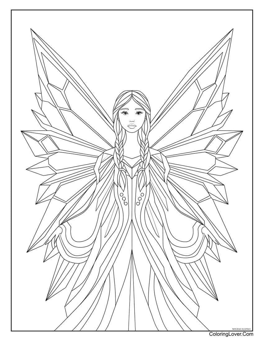 Majestic fairy with geometric crystal wings coloring page for adults