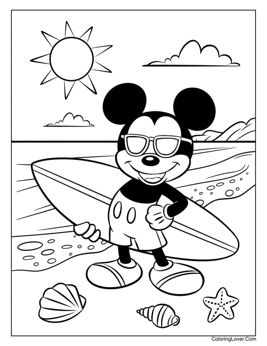 Mickey Mouse holding a surfboard on a sunny beach coloring sheet