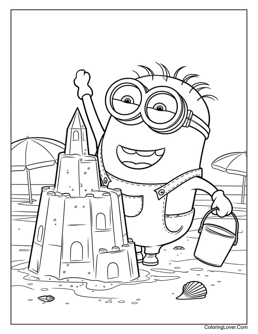 Minion building a large sandcastle on the beach coloring page