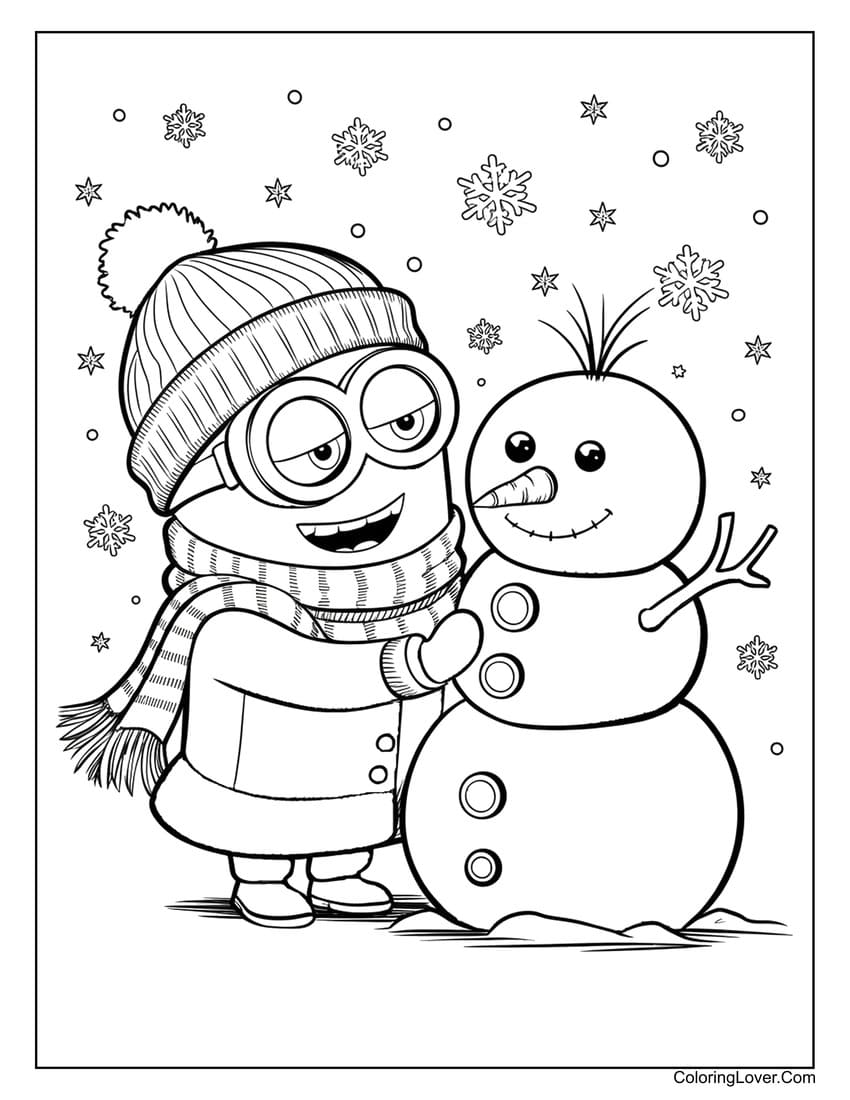 Minion building a snowman with falling snow coloring page