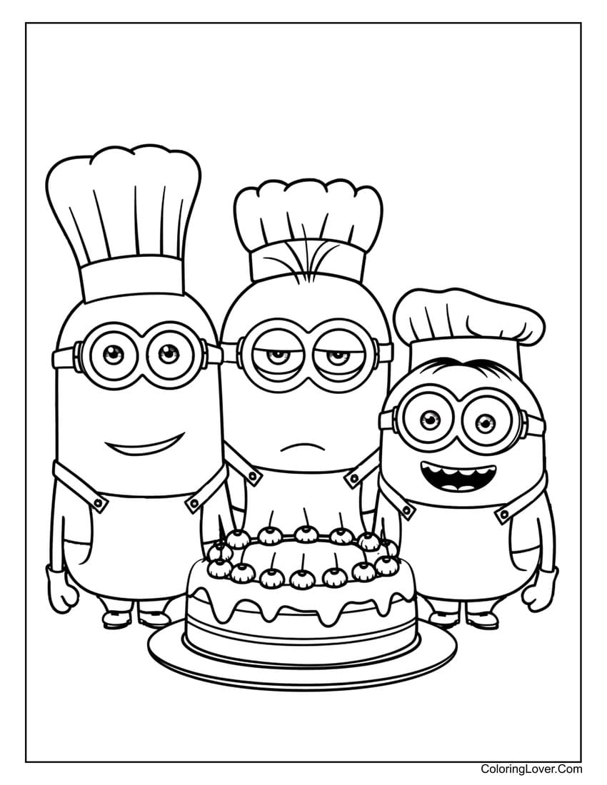 Minion chefs with a cake coloring page