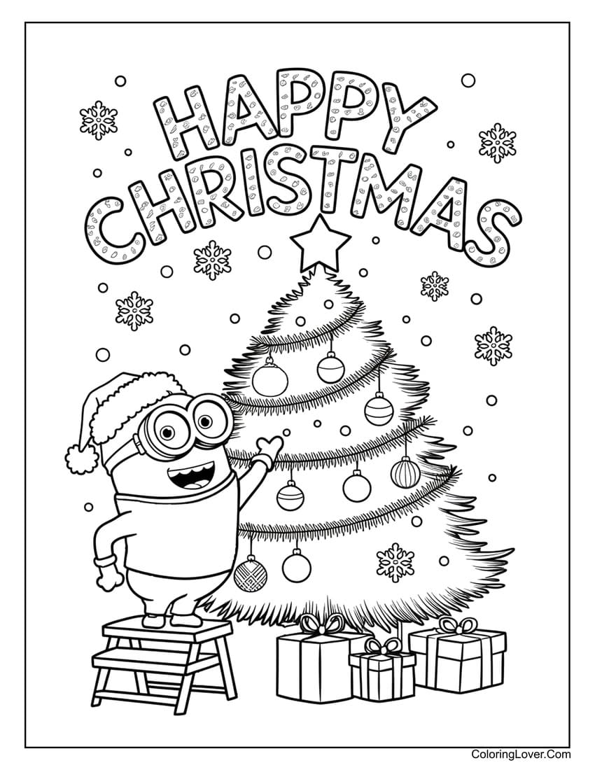 Minion decorating a Christmas tree with presents coloring page