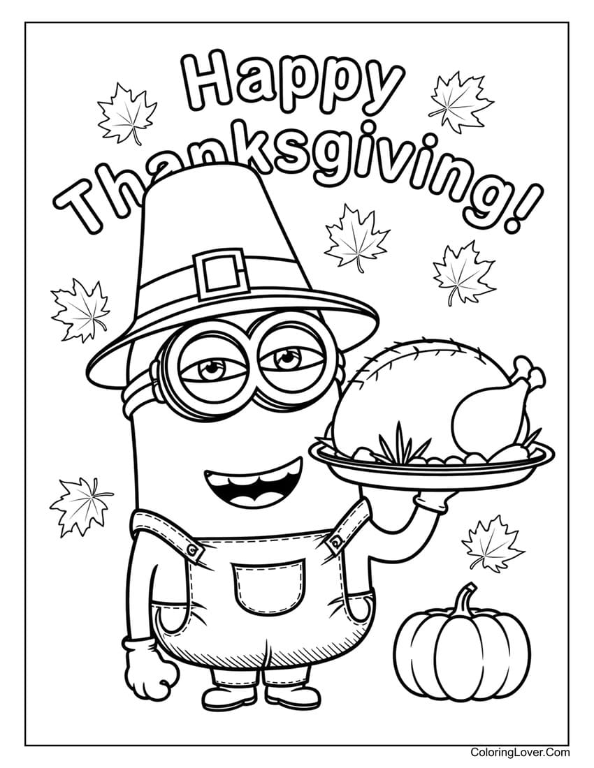 Minion dressed as a pilgrim with Thanksgiving turkey coloring page