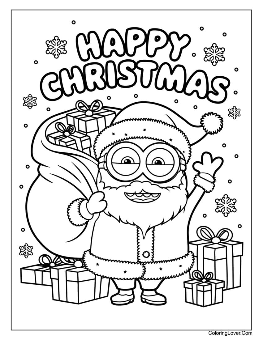 Minion dressed as Santa with a gift sack coloring page