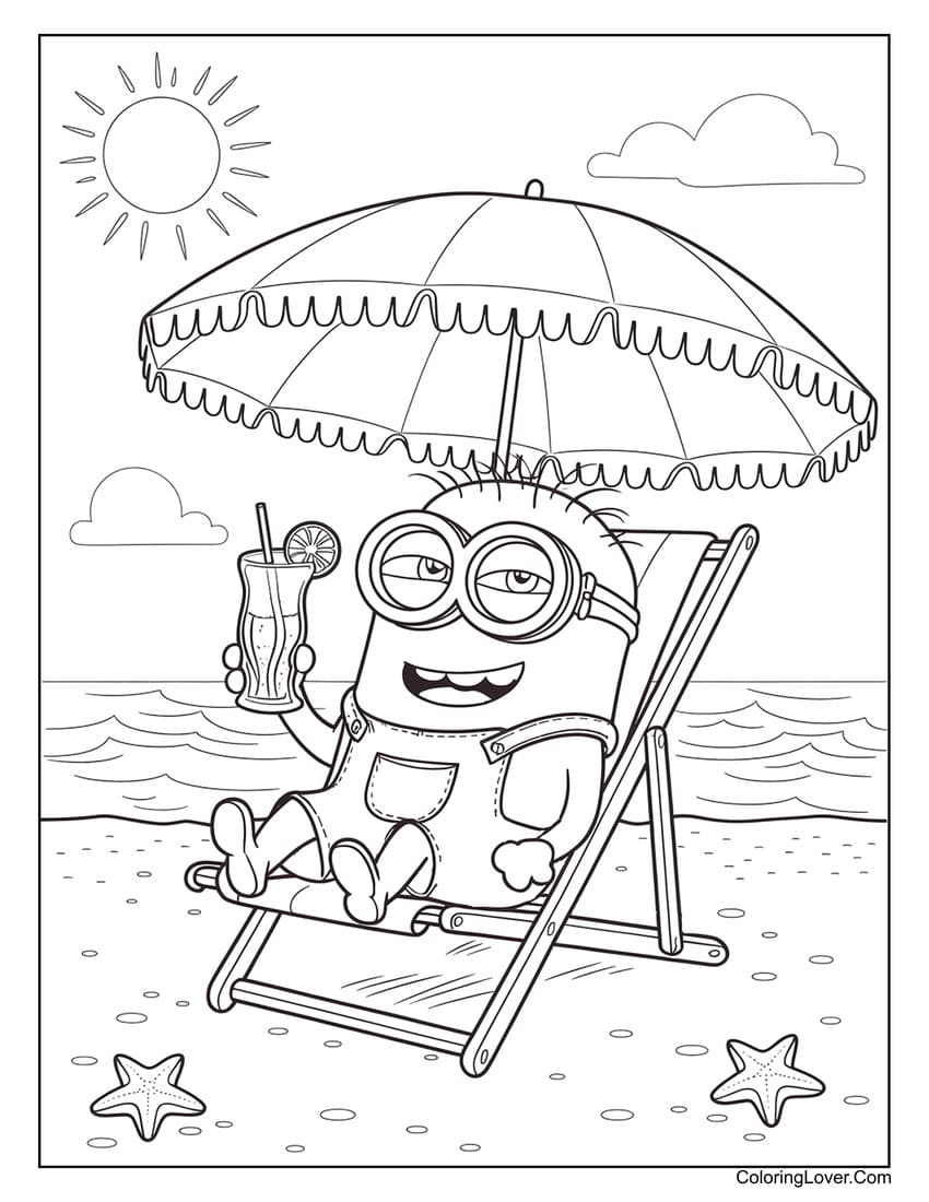 Minion enjoying a summer drink under a beach umbrella coloring page