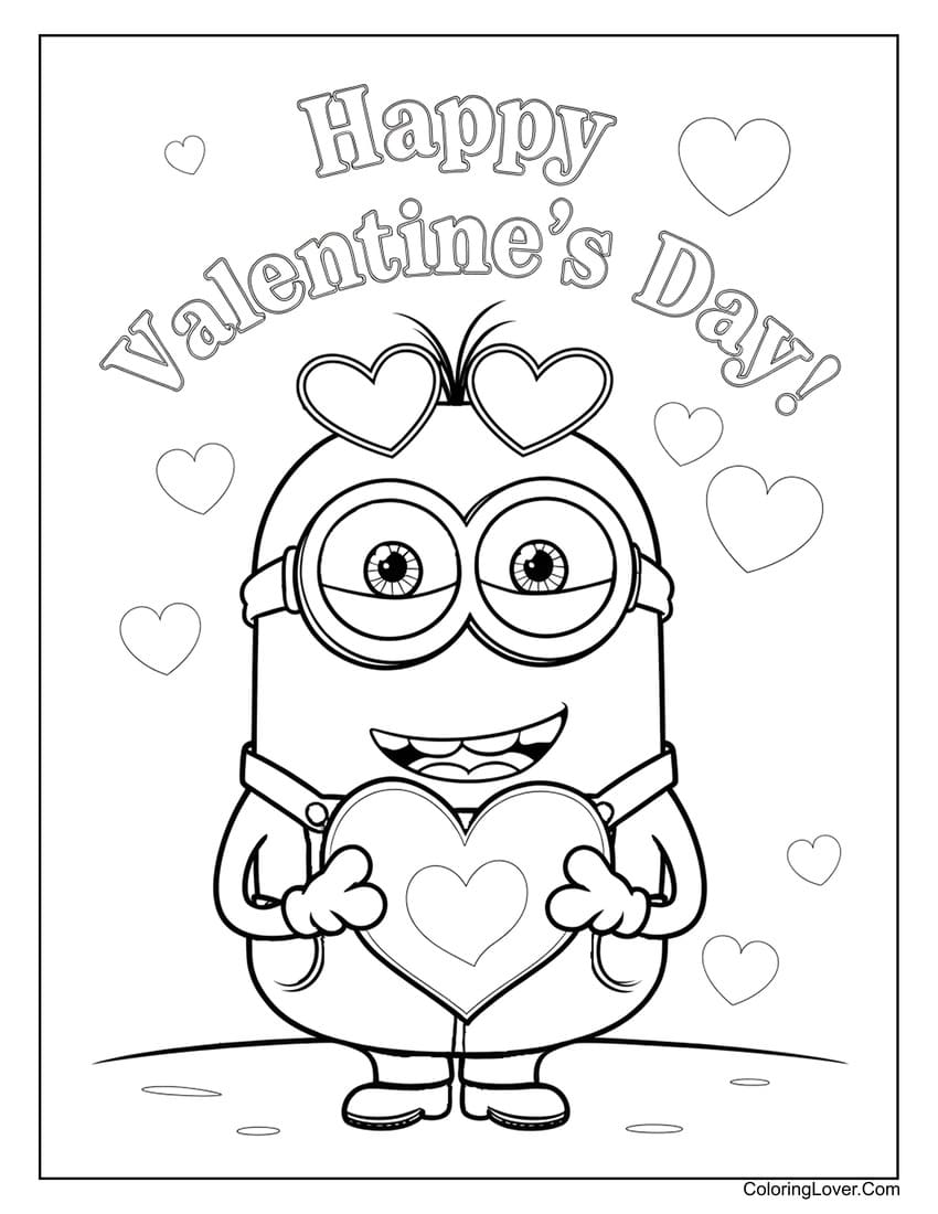 Minion holding a heart for Valentine's Day coloring page