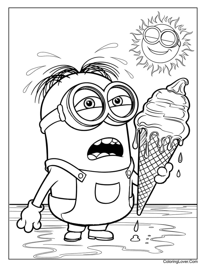 Minion holding a melting ice cream on a hot summer day coloring page