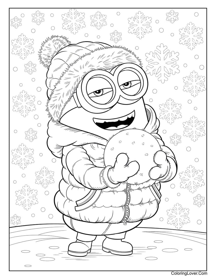 Minion holding a snowball ready for a snowball fight coloring page