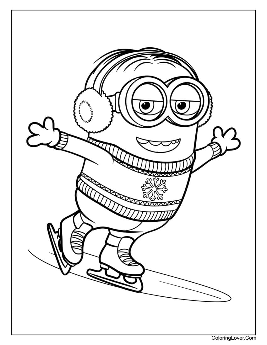 Minion ice skating with earmuffs on a frozen rink coloring page