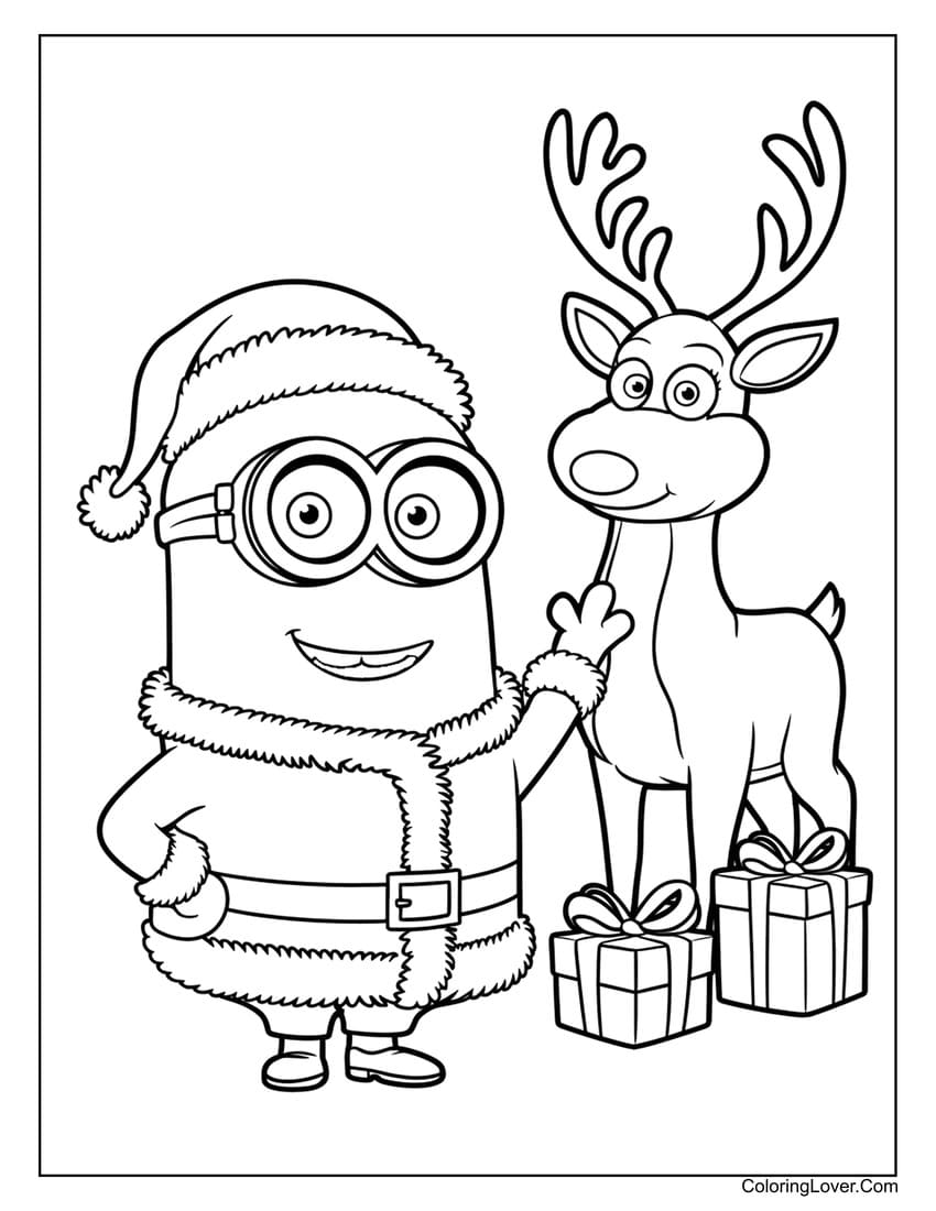 Minion in Santa costume standing with a reindeer coloring page