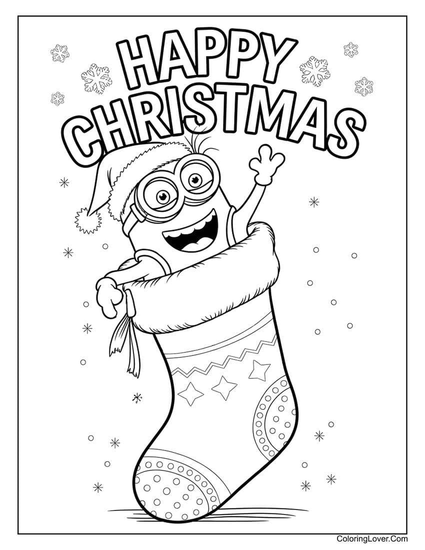 Minion inside a Christmas stocking with festive decorations coloring page