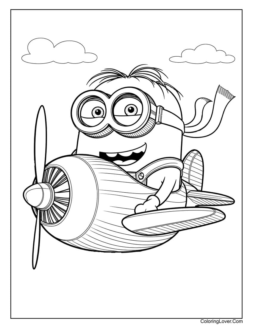 Minion pilot flying an airplane coloring page