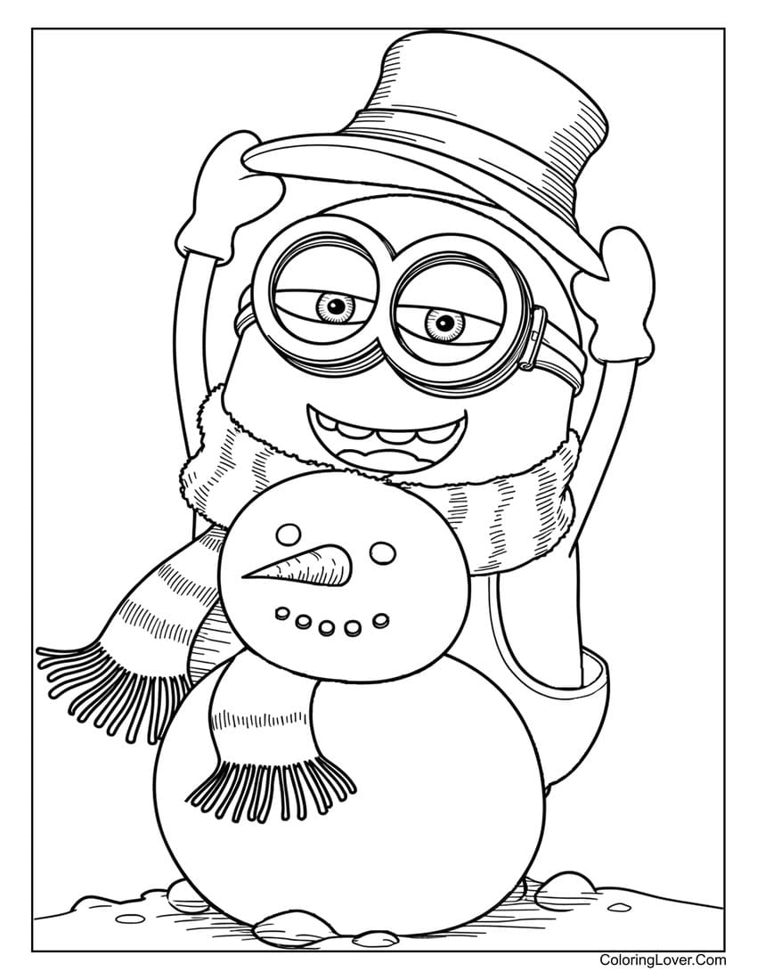 Minion placing a hat on a snowman winter coloring page