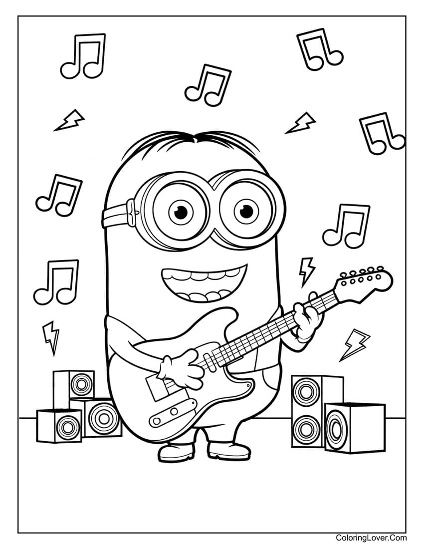 Minion playing electric guitar coloring page