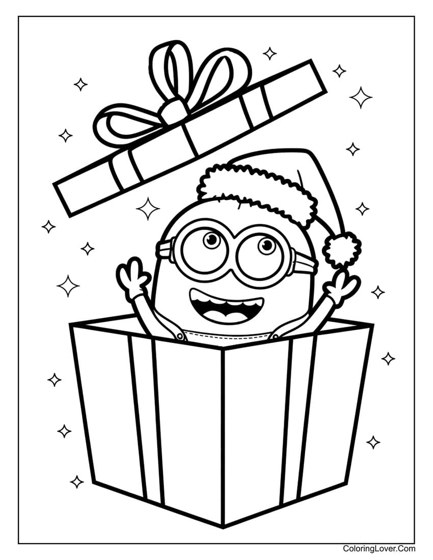 Minion popping out of a Christmas gift box coloring page