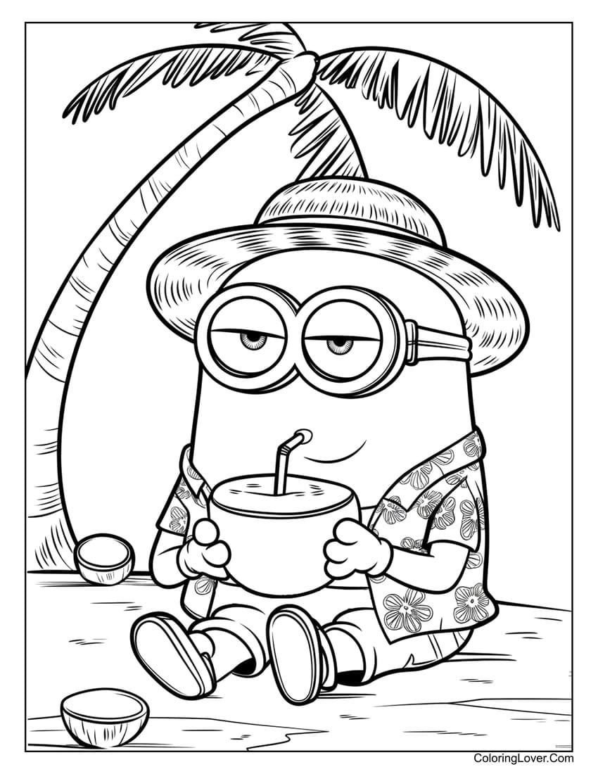 Minion relaxing on the beach with a coconut coloring page