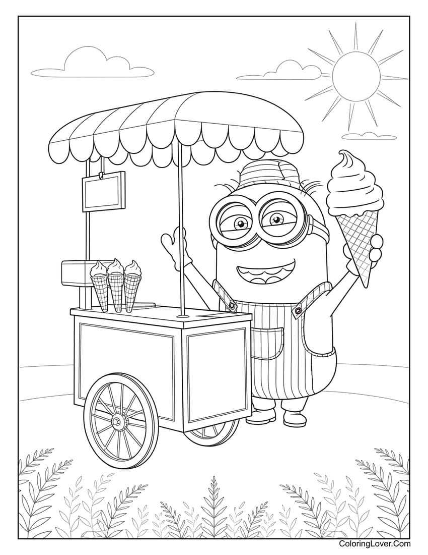 Minion selling ice cream from a cart on a sunny day coloring page