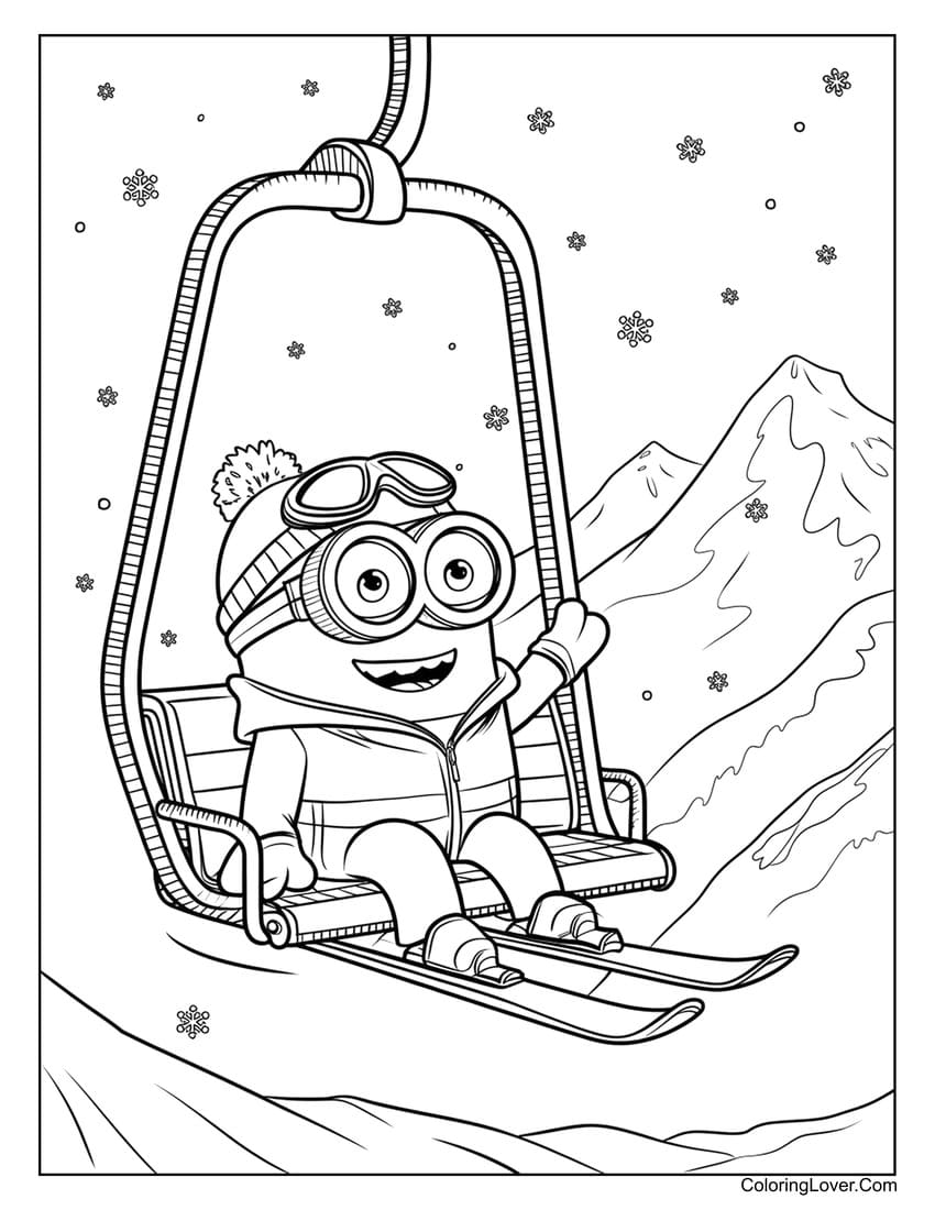 Minion sitting on a ski lift with snow-covered mountains coloring page