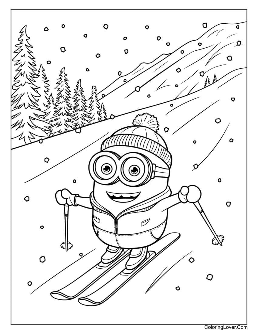 Minion skiing down a snowy mountain winter coloring page