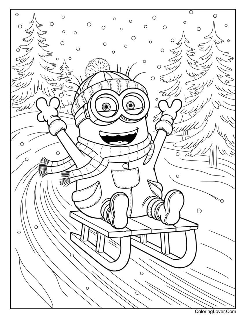 Minion sledding down a snowy hill with excitement coloring page