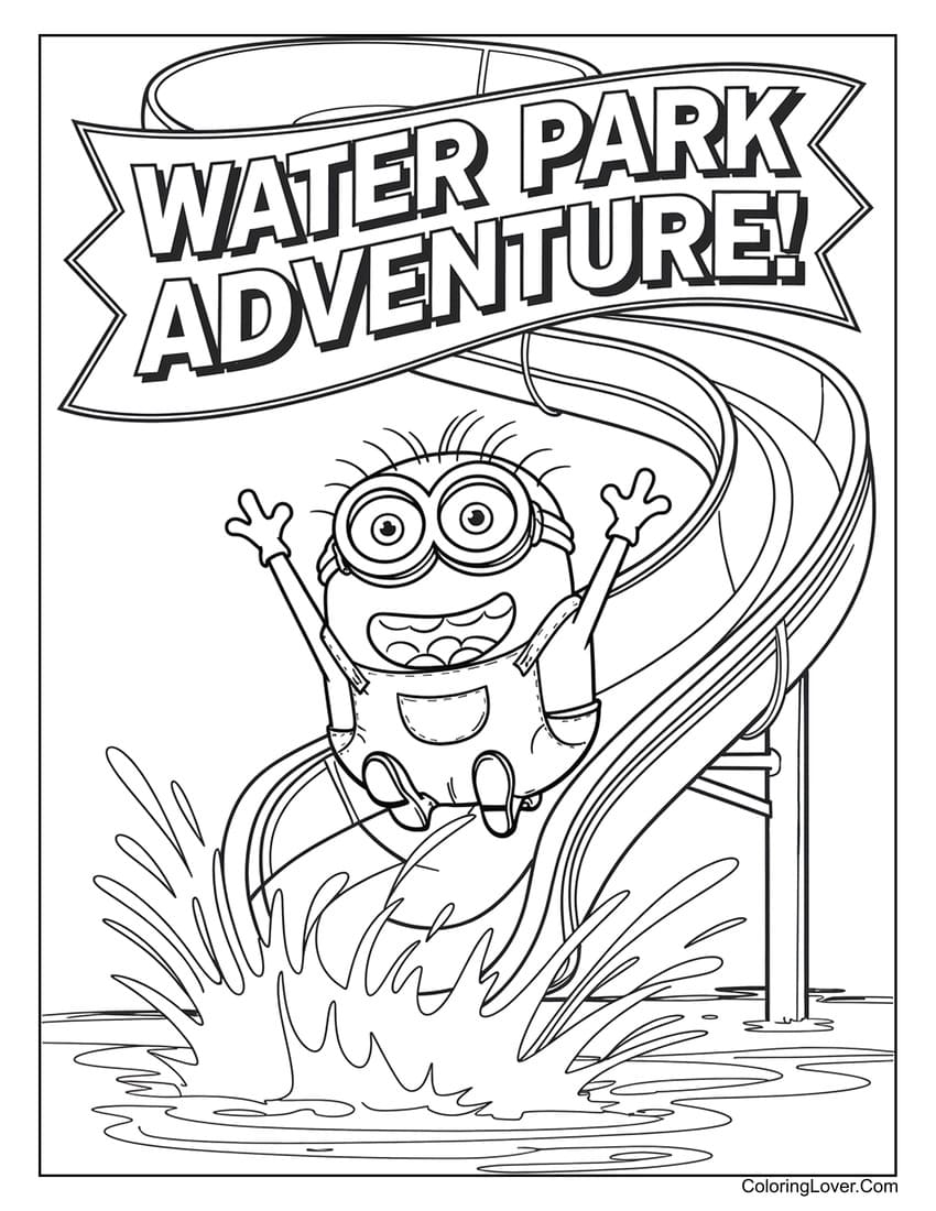 Minion sliding down a water park ride with excitement coloring page