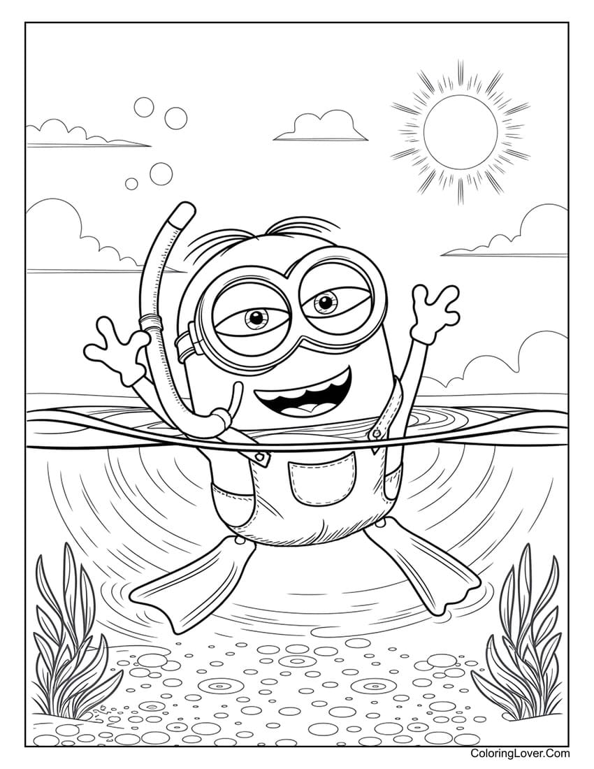 Minion snorkeling underwater with sea plants coloring page