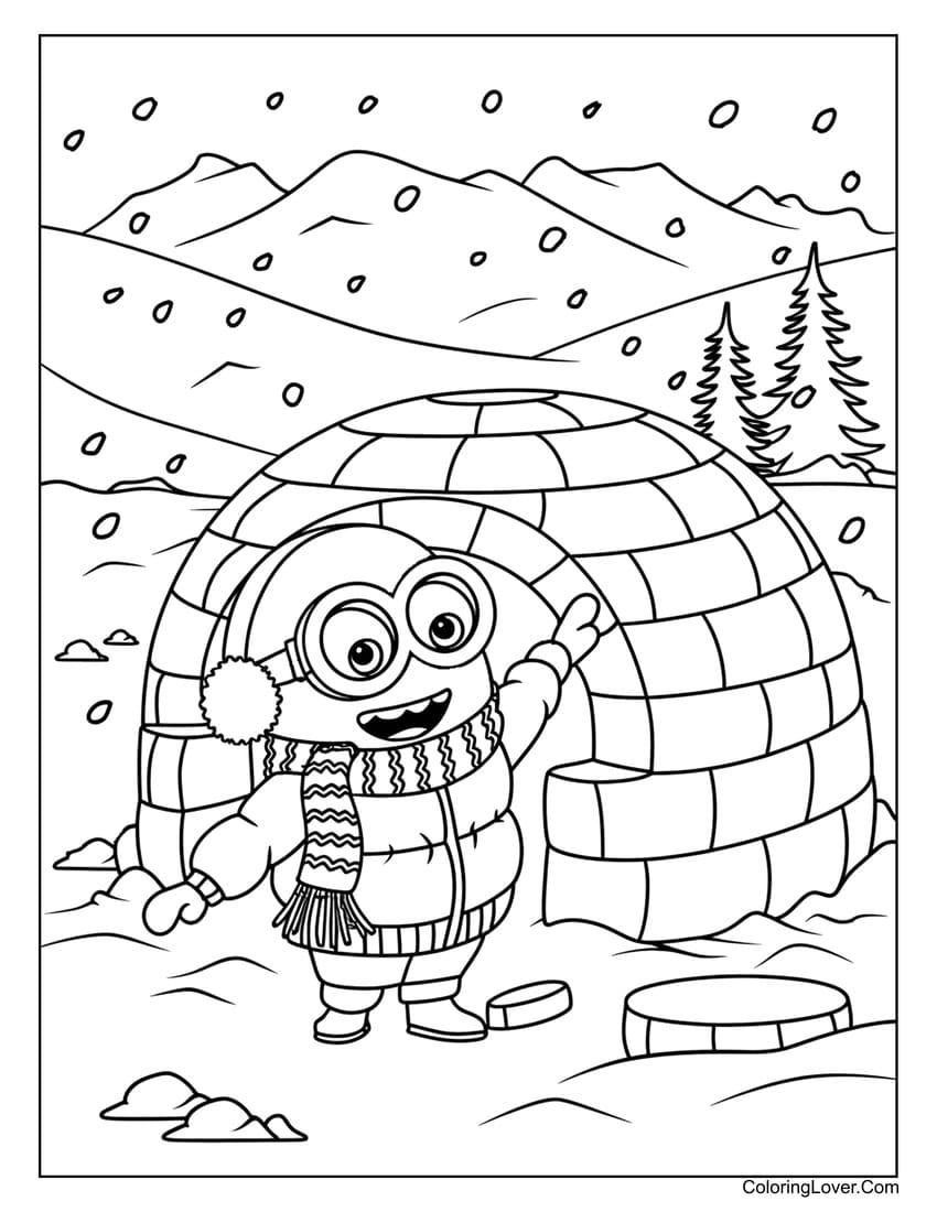 Minion standing next to an igloo in a snowy winter scene coloring page