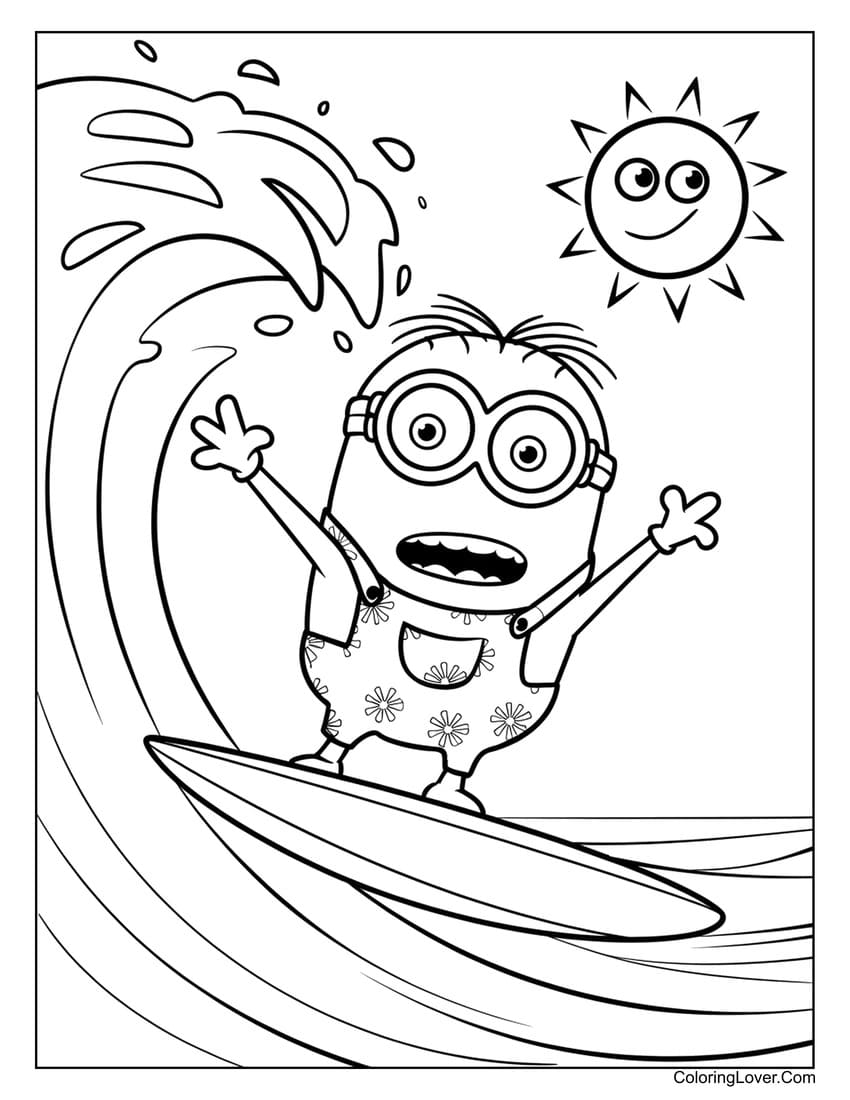 Minion surfing a big wave under the summer sun coloring page