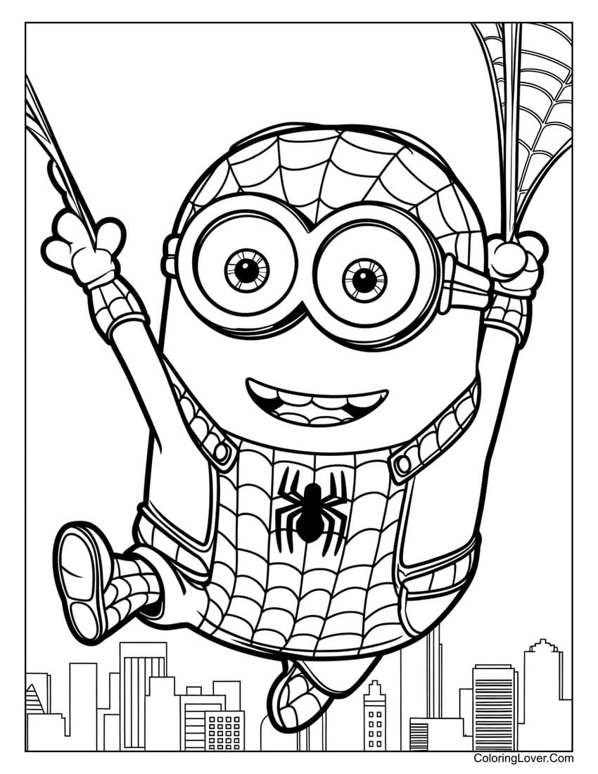 Minion swinging like Spider-Man coloring page