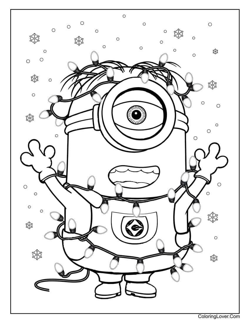 Minion tangled in Christmas lights with snowflakes coloring page