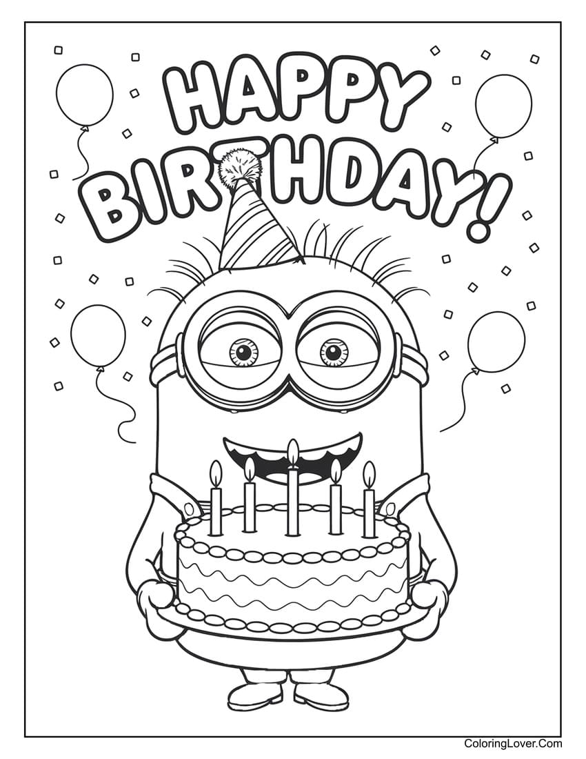 Minion wearing a party hat holding a birthday cake coloring page