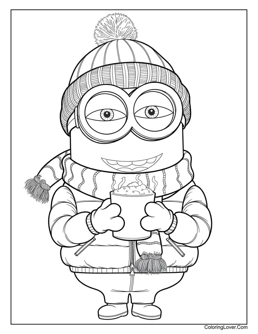 Minion wearing winter clothes holding a hot cocoa coloring page