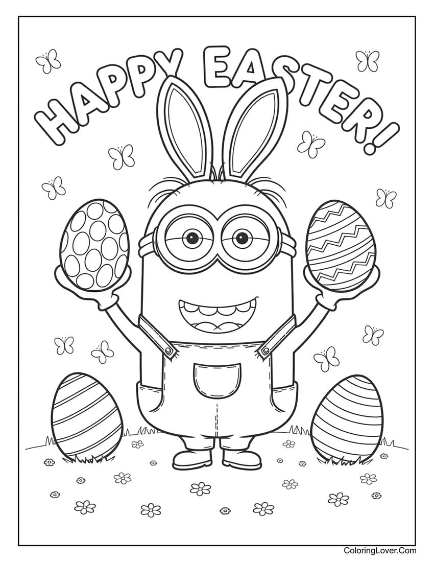 Minion with bunny ears and Easter eggs coloring page