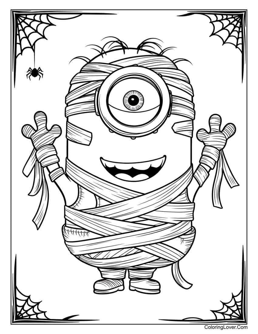 Mummy Minion with spider webs coloring page