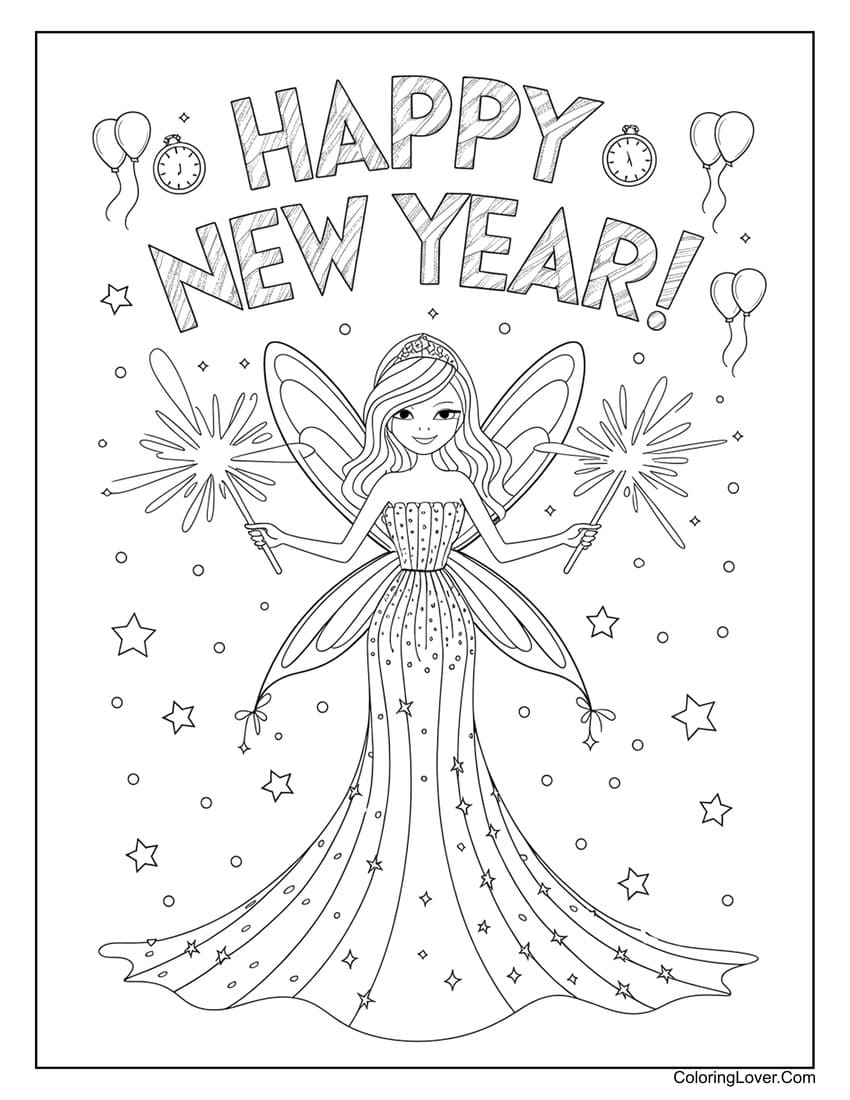 New Year fairy with fireworks coloring page