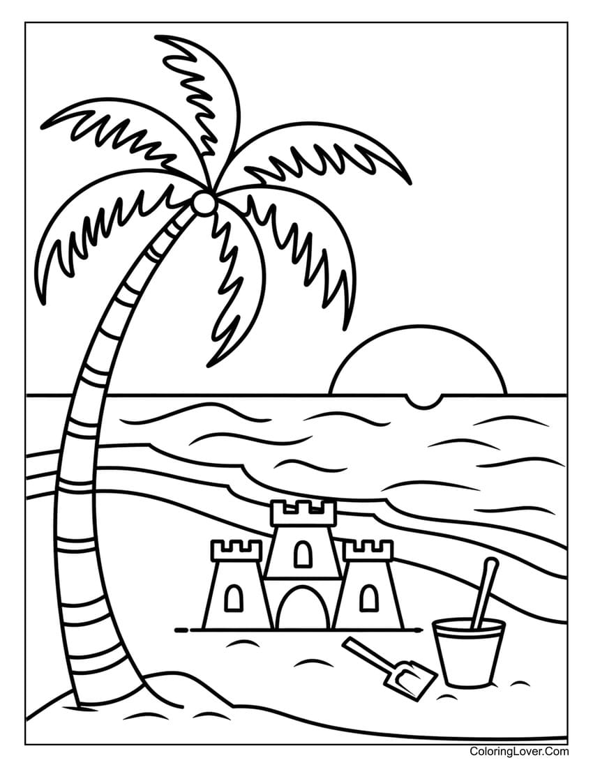 Palm tree and sandcastle at beach sunset summer coloring sheet