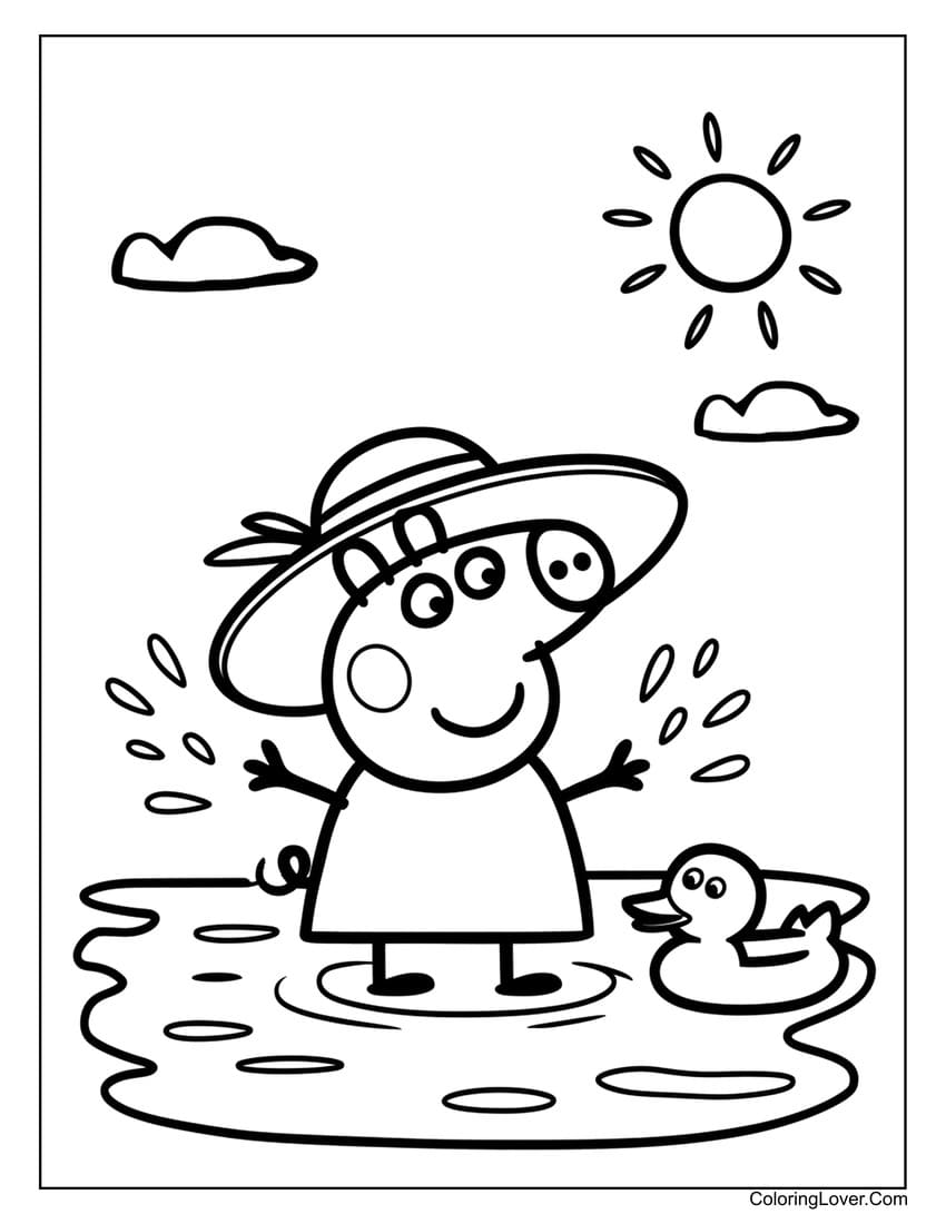 Peppa Pig splashing in water with a summer hat coloring sheet