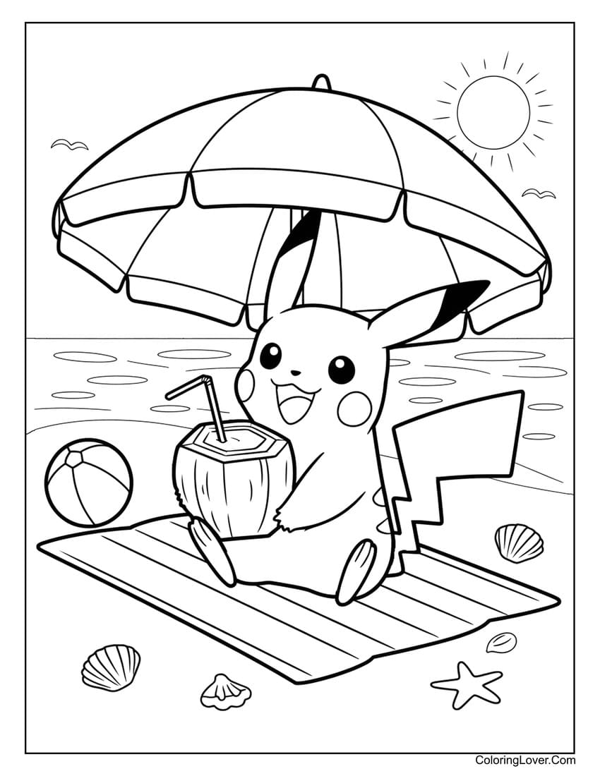 Pikachu drinking coconut under a beach umbrella summer coloring page