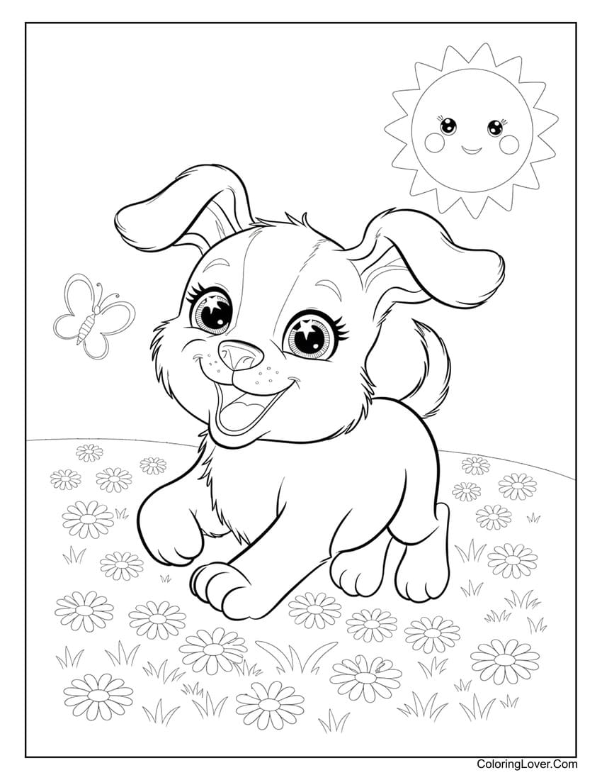 Playful puppy with butterflies and sun summer coloring sheet