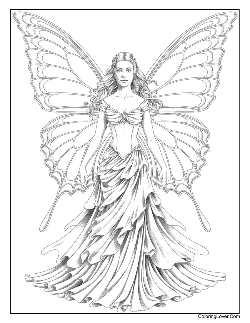 Realistic fairy with elegant butterfly wings coloring page for adults