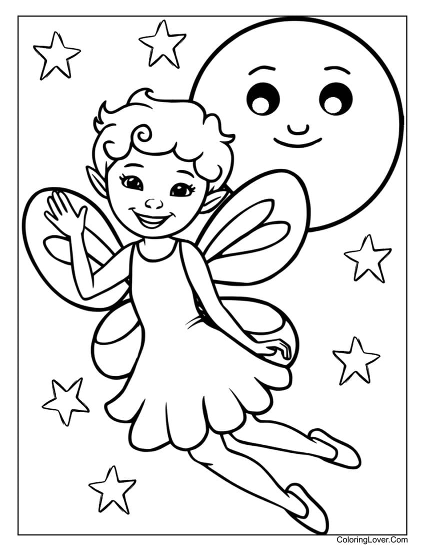 Simple fairy flying near the moon coloring page for kids