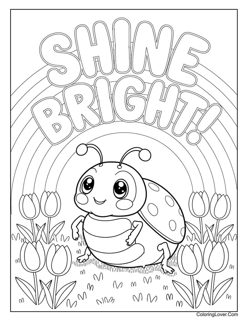 Smiling ladybug with tulips under rainbow coloring page