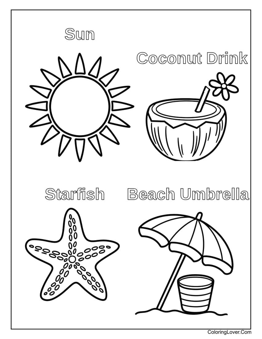 Sun, coconut drink, starfish, beach umbrella summer coloring page