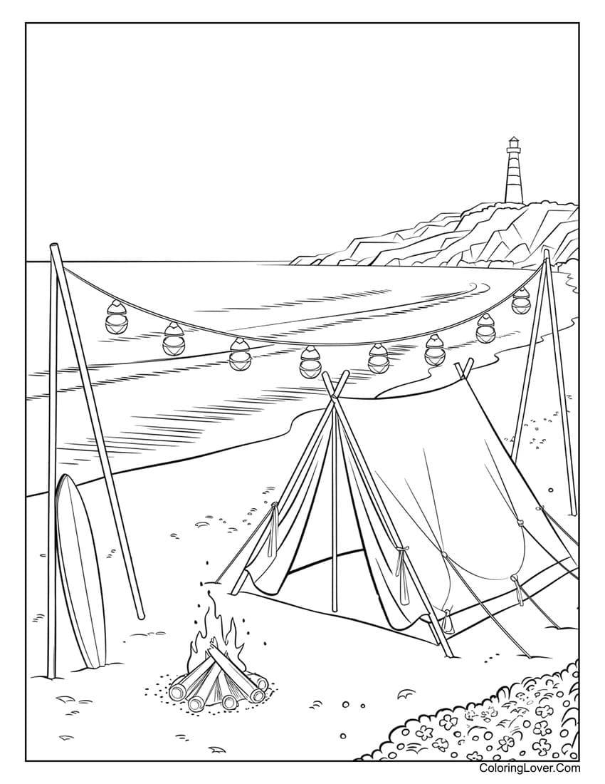 Tent and bonfire set up near the ocean with a lighthouse view