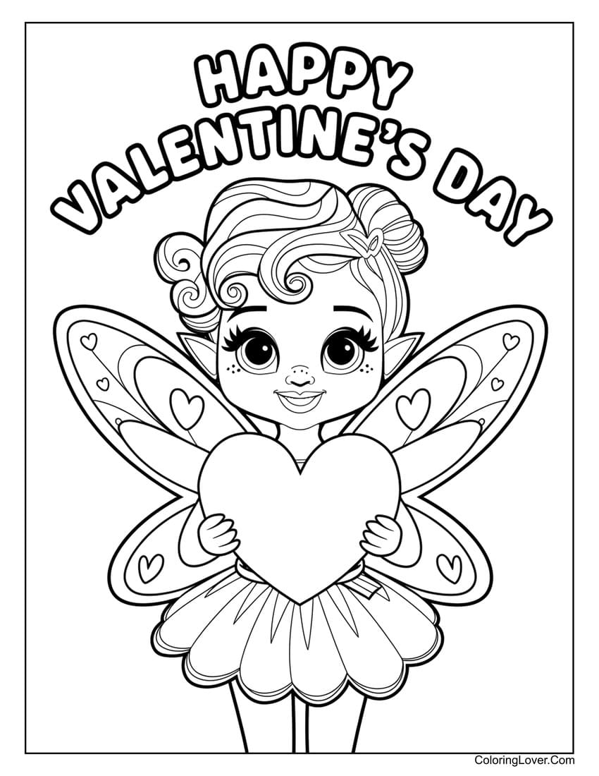 Valentine’s Day fairy holding a big heart coloring page