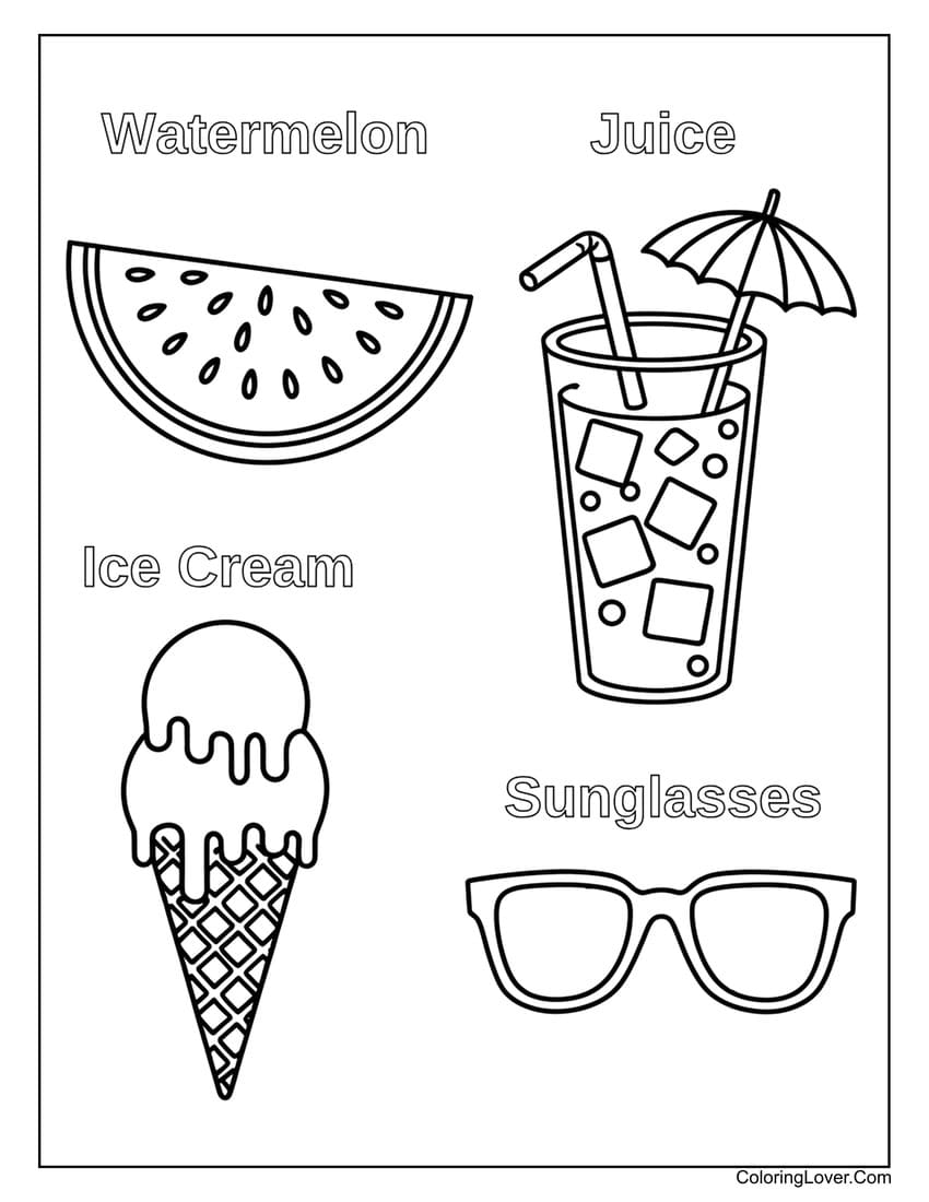 Watermelon, juice, ice cream, sunglasses summer coloring page