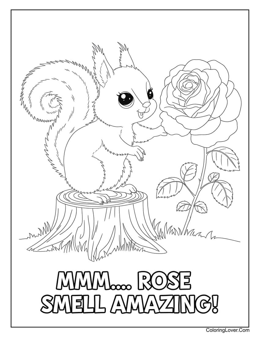 Adorable squirrel with rose and "MMM... Rose smell amazing!" coloring page